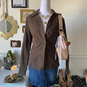 Brown faux suede button down shirt by